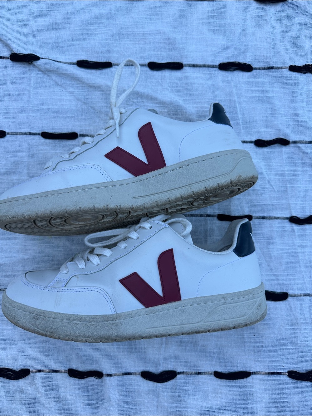 Veja White Leather Sneakers with Burgundy V and Dark Green Heel